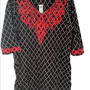 Soma Swimsuit Cover Up Tunic Black White Red Embroidery Size Large NWT